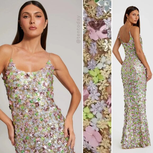$698 Mac Duggal Size 4 Pink Green Gold Multicolor 3D Floral Long Maxi Gown Dress - Picture 1 of 5